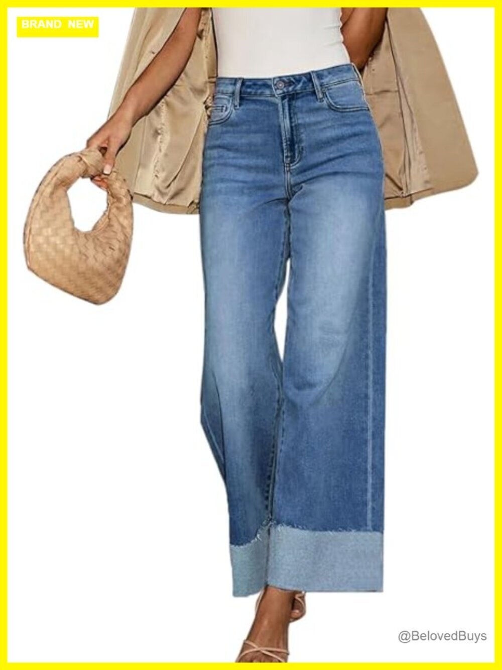 High Waisted Wide Leg Jeans Stretch Frayed Raw Hem Boyfriend Cuffed Jeans
